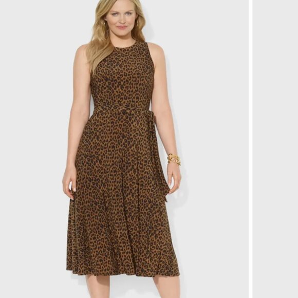 NWT Ralph Lauren Cheetah Print Sleeveless Tie Waist Dress in Women's 14W - Picture 1 of 14